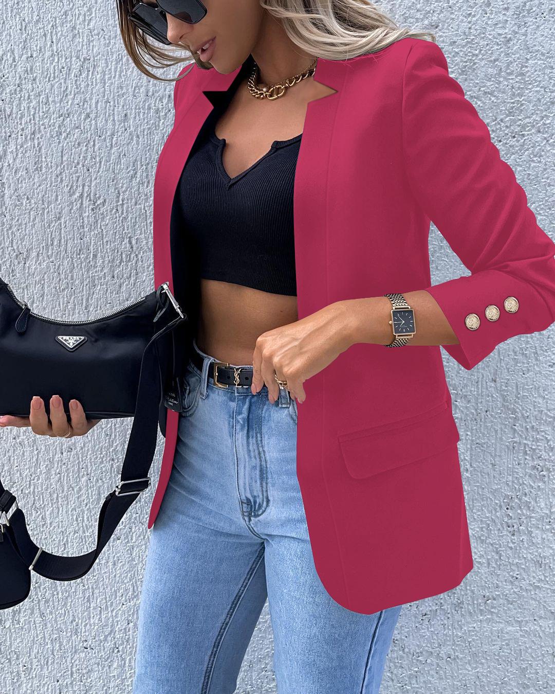 

Blazer décontracté à manches longues et col châle avec boutons et ouverture sur le devant pour le travail et le bureau, Hot pink