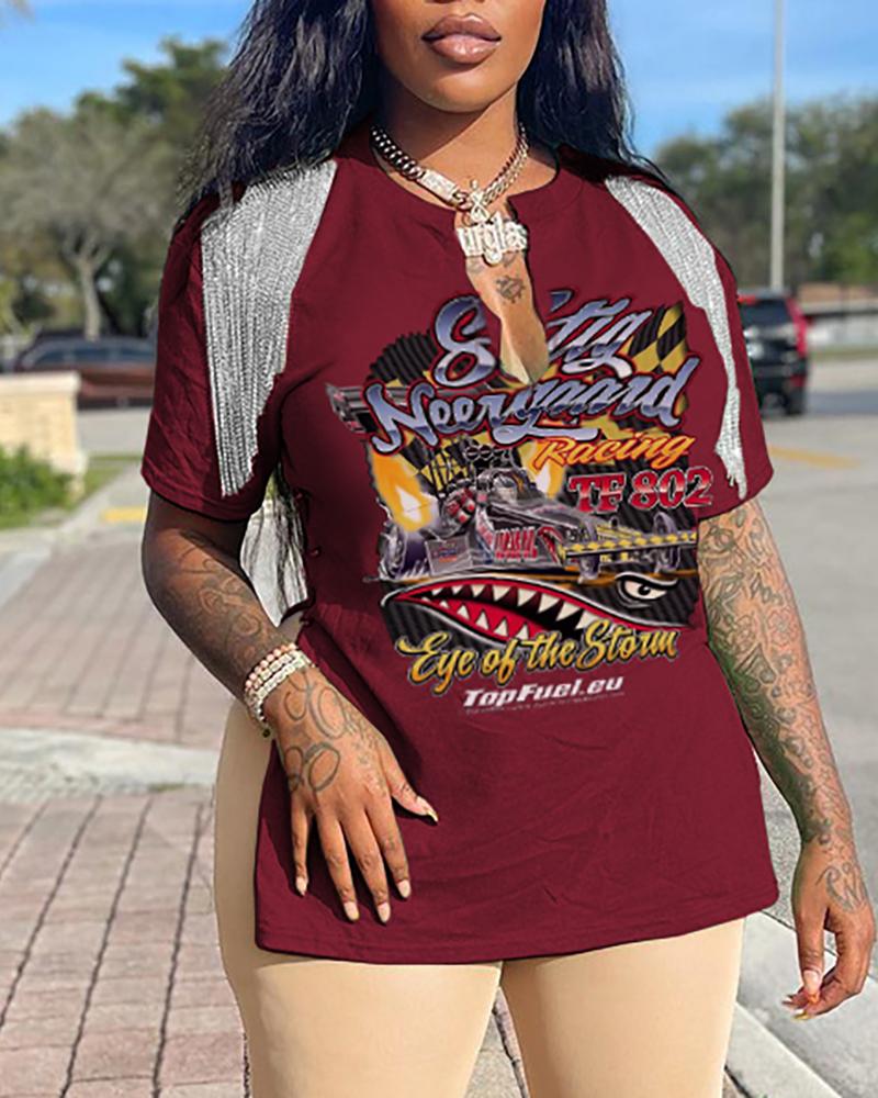 

Graphic Print Tassel Design Slit T-shirt, Wine red