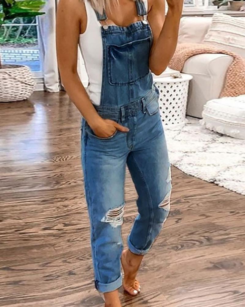 

Ripped Pocket Design Denim Suspender Jumpsuit, Dark blue