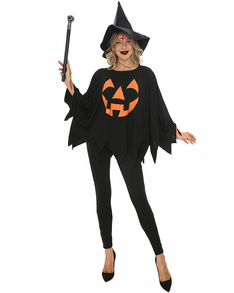 

Halloween Pumpkin Print Batwing Sleeve Wicked Witch Costume, Black