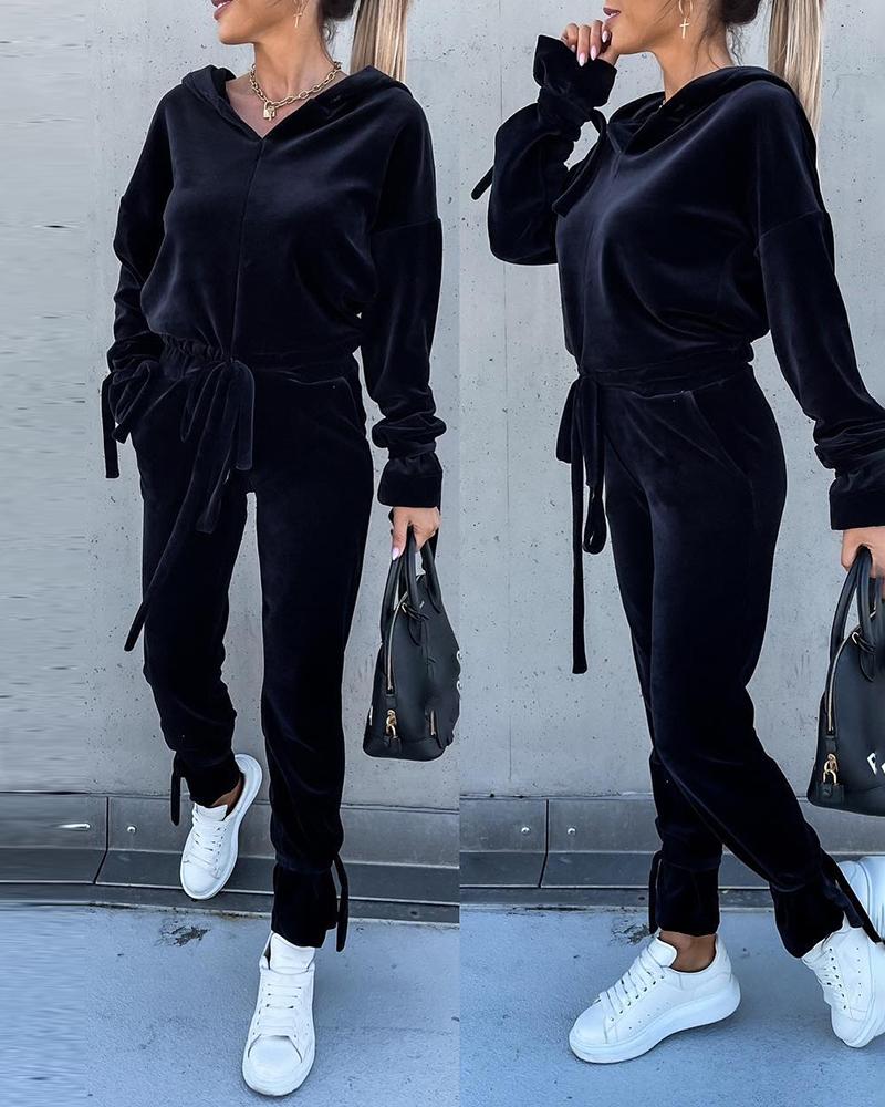 

Velvet Tied Detail Hooded Top & Pocket Design Pants Set, Black