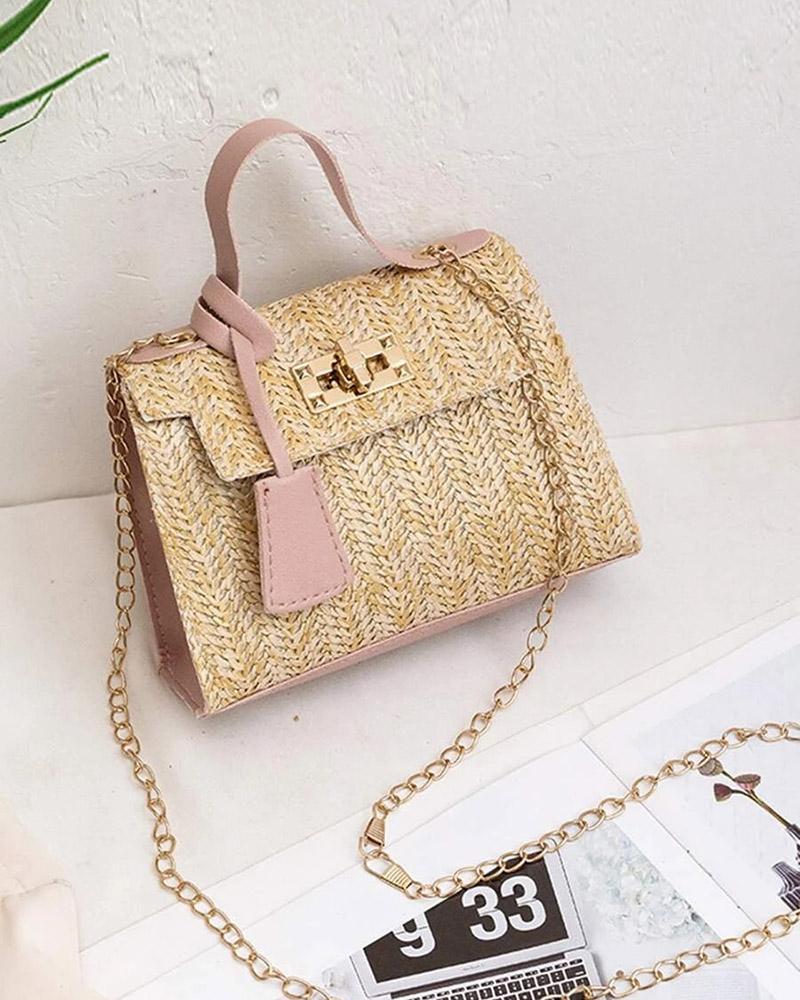 

Braided PU Patch Twisted Lock Satchel Bag, Pink