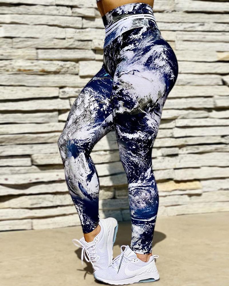 

High Waist Abstract Print Butt Lifting Active Pants, Blue