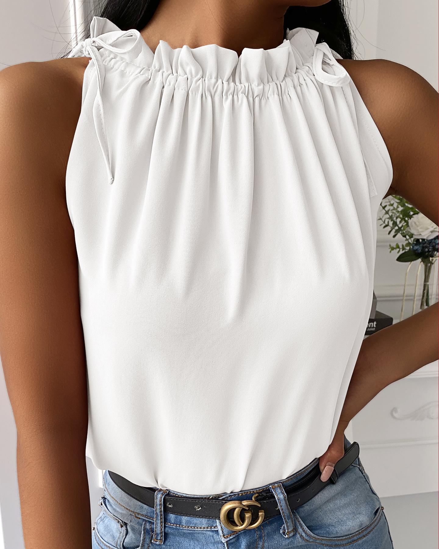 

Solid Ruffles Sleeveless Loose Chiffon Tanks, White