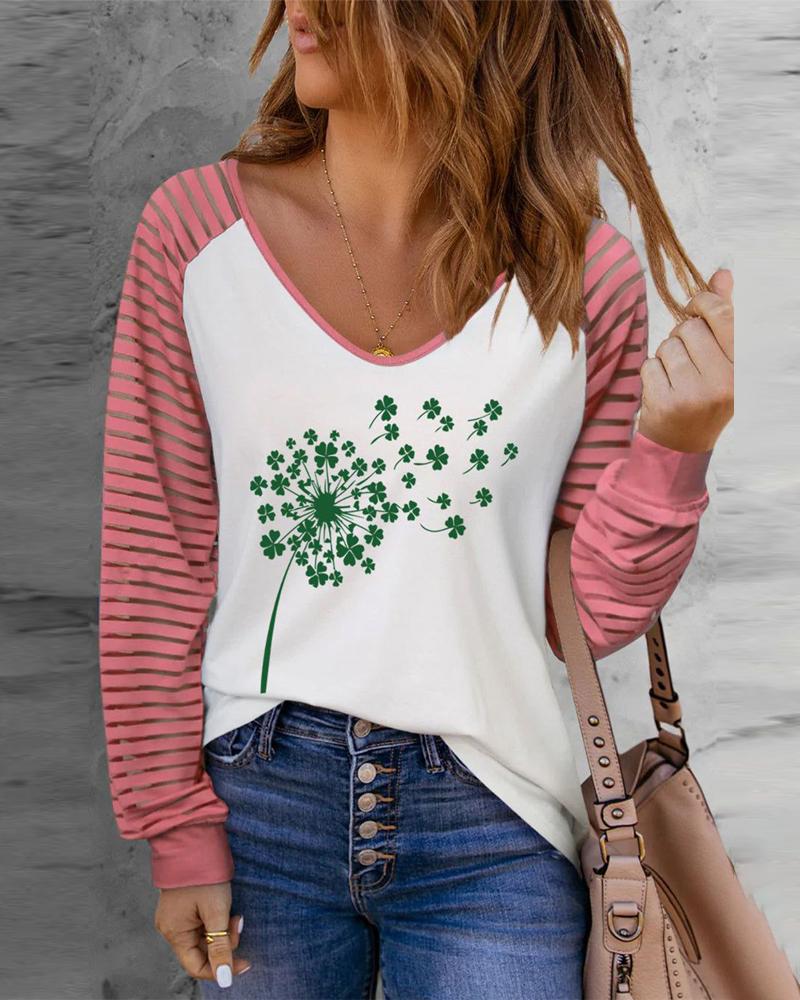 

St. Patrick' Day Lucky Shamrock Print Contrast Mesh Casual Top, Pink