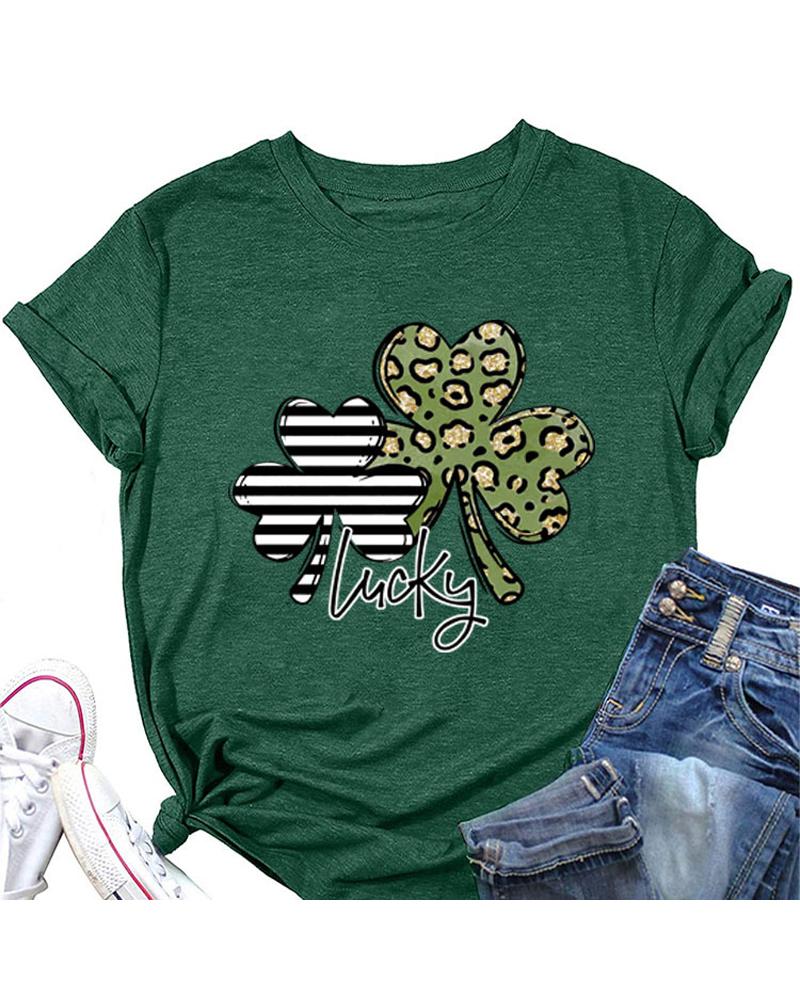 

St. Patrick' Day Letter Clover Print Casual T-shirt, Dark green