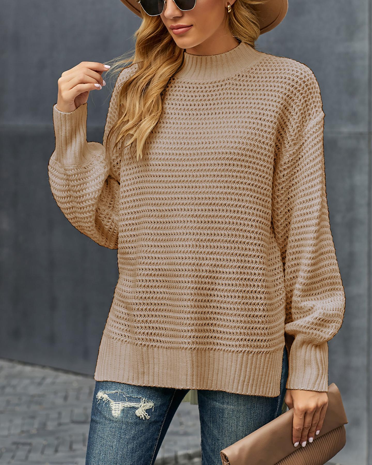 

Long Sleeve Loose Slit Hem Knit Sweater, Khaki