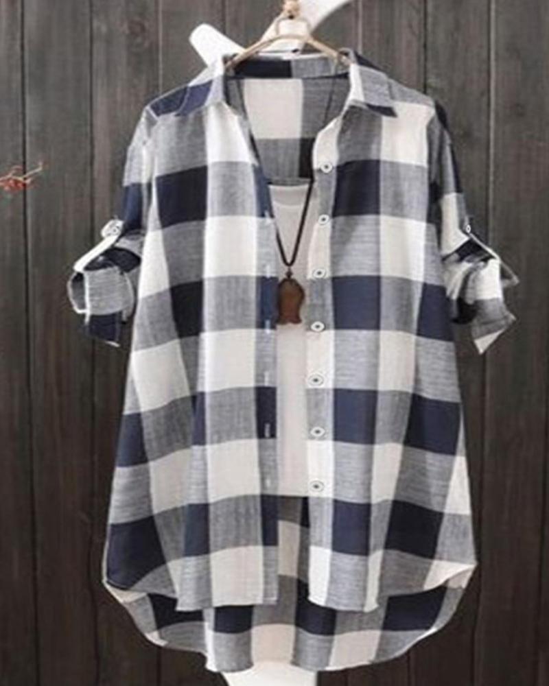 

Gingham Button Down Tunic Shirt, Blue