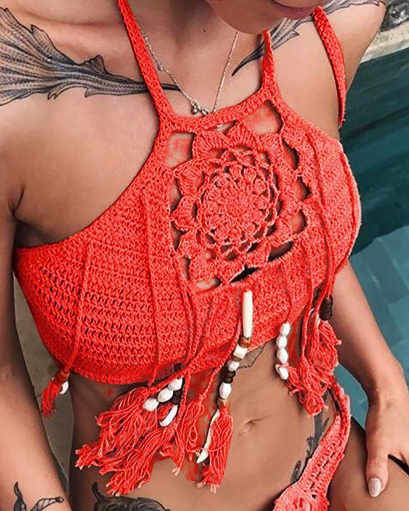 

Hollow Out Tassel Bohemian style Top, Red