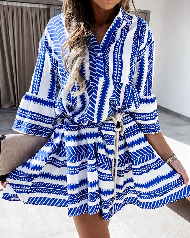 

Boho Style Lace-up All Over Print Half Sleeve Mini Dress, Blue