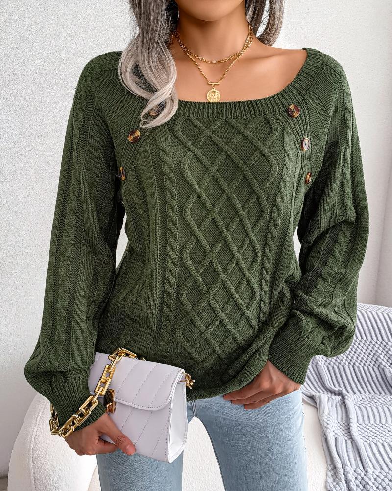 

Long Sleeve Button Decor Cable Knit Sweater, Green