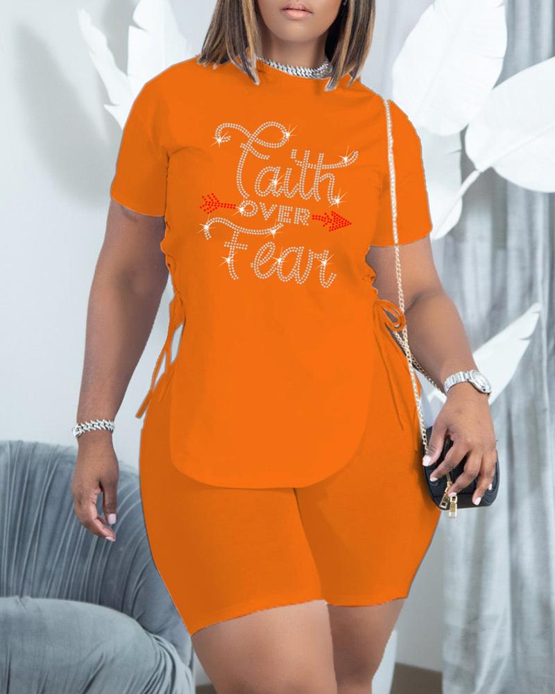 

Plus Size Rhinestone Love Letter Pattern Eyelet Lace-up T-shirt & Shorts Set, Orange