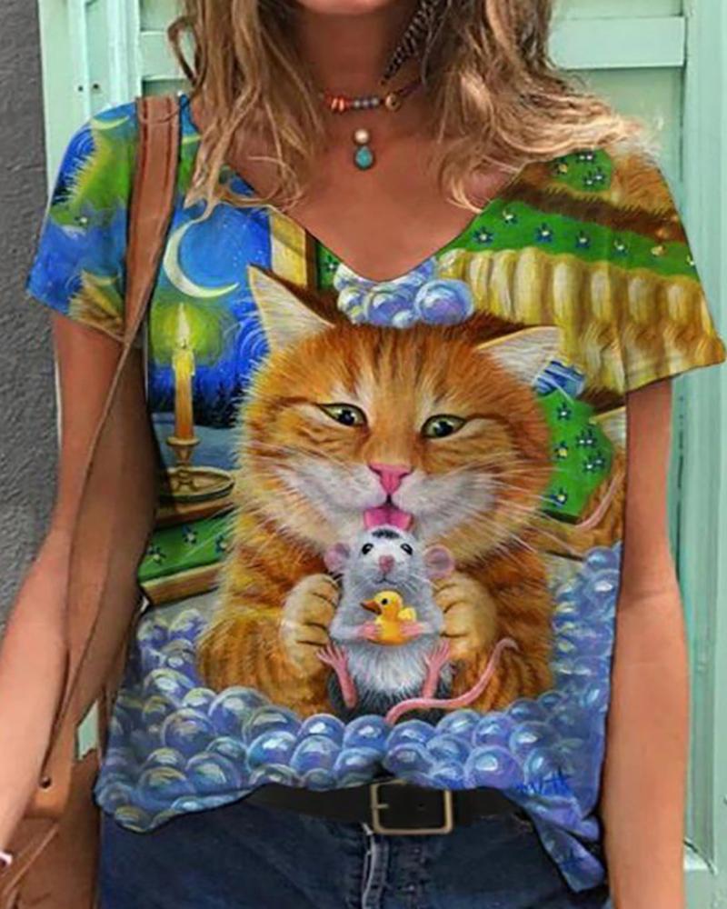 

Floral Animal Print V Neck Short Sleeve Casual T-Shirt, Style7