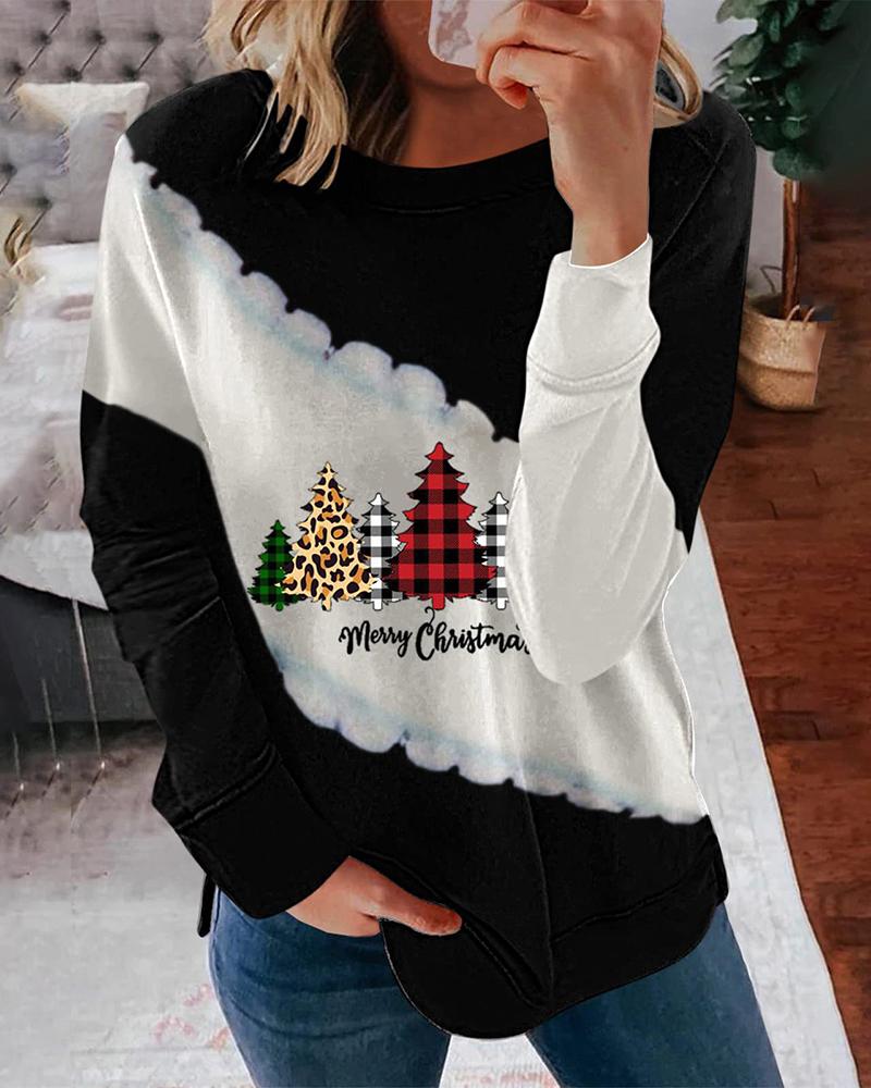 

Christmas Tree Letter Print Colorblock Sweatshirt, Black