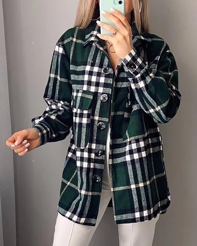 

Long Sleeve Plaid Print Pocket Button Design Shacket, Green