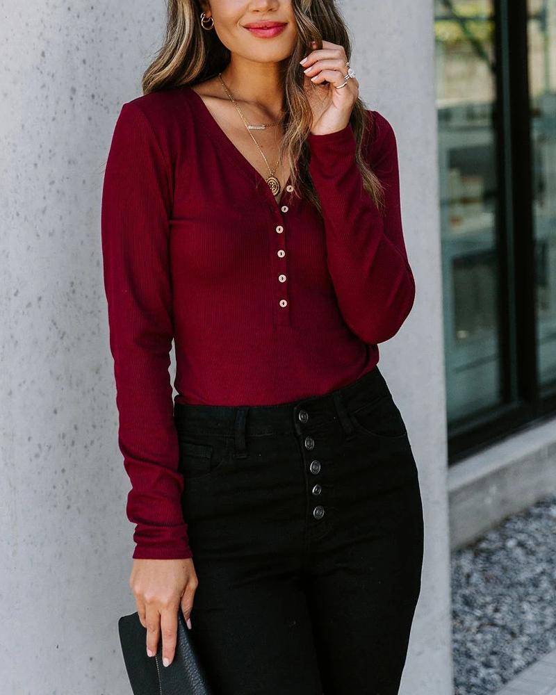 

Solid Color Long Sleeve Blouse, Wine red