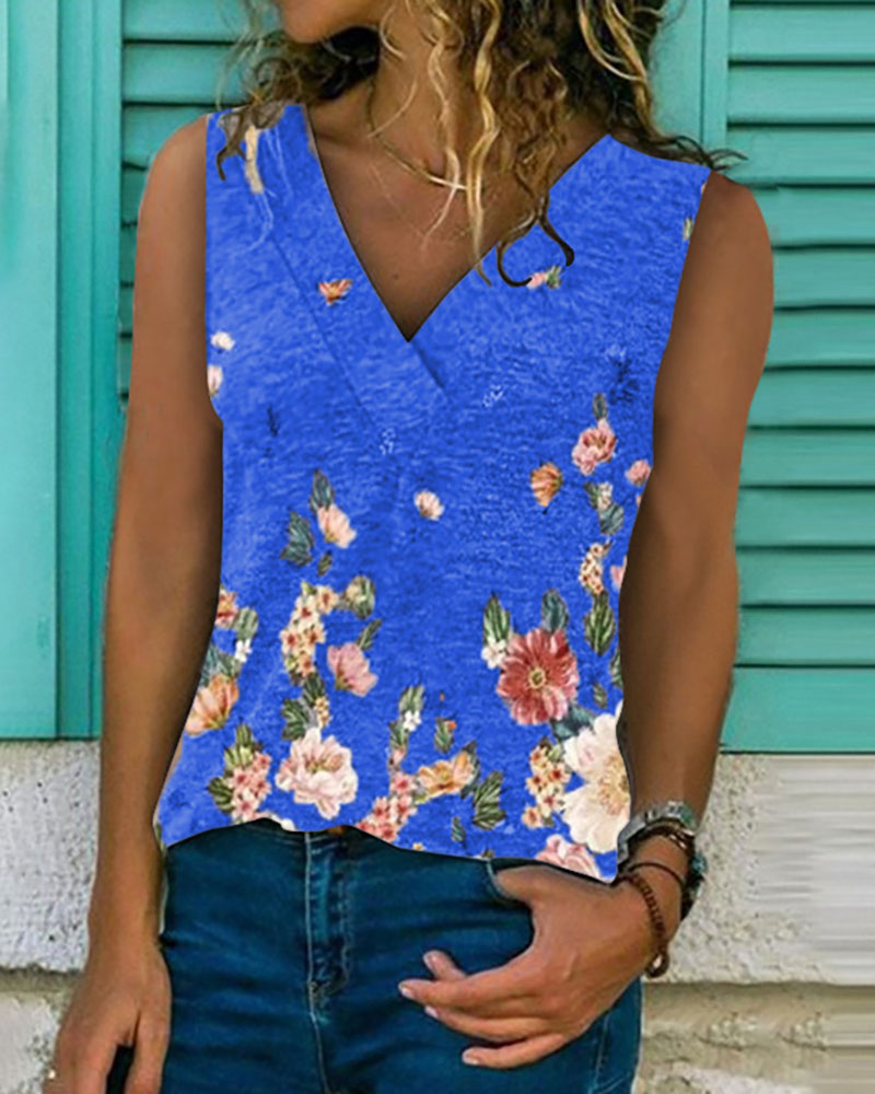 

Floral Print V Neck Casual Tank, Blue