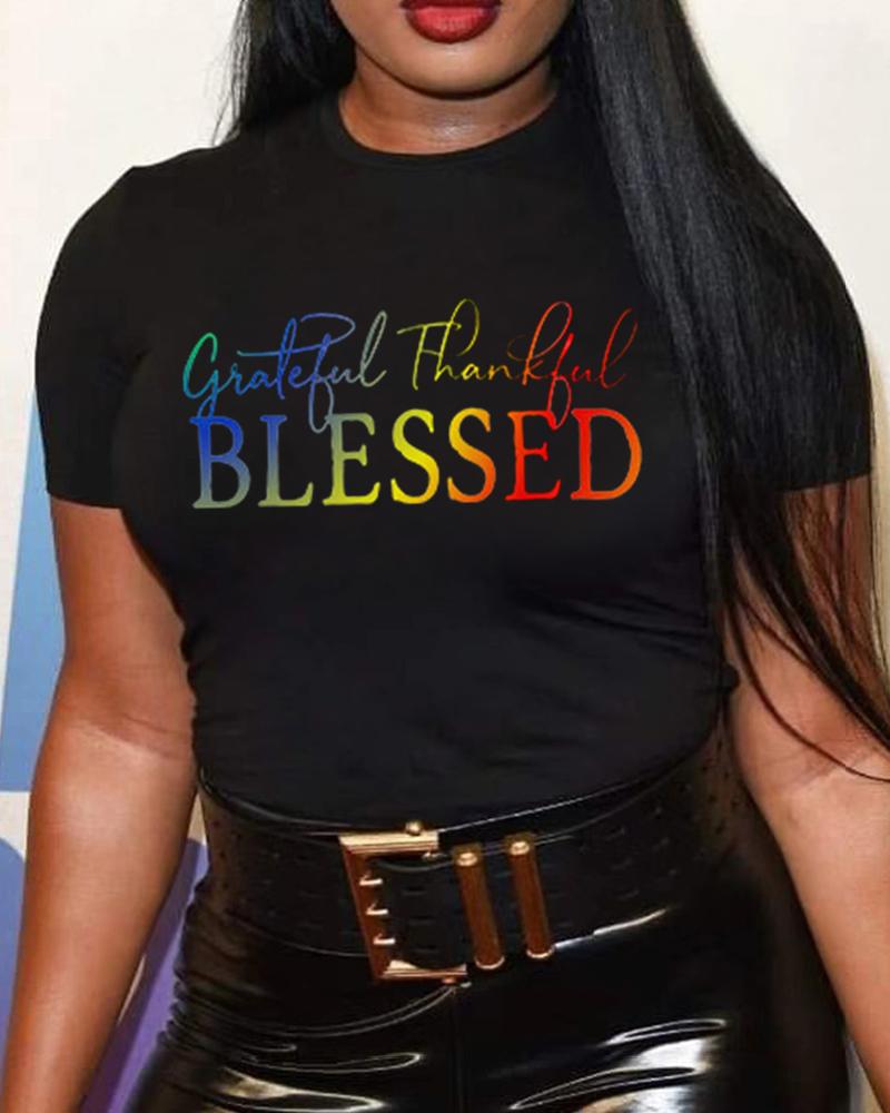 

Plus Size Letter Print Short Sleeve Casual T-shirt, Black