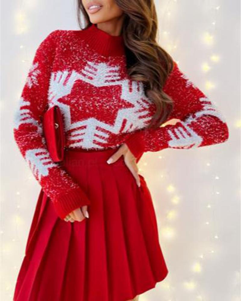 Christmas Snowflake Pattern Mock Neck Knit Sweater