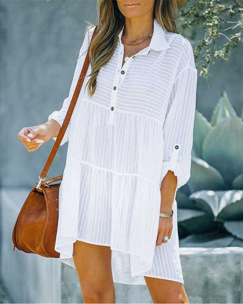 

Jacquard Striped Pattern Button Front Cover Up Dress, White