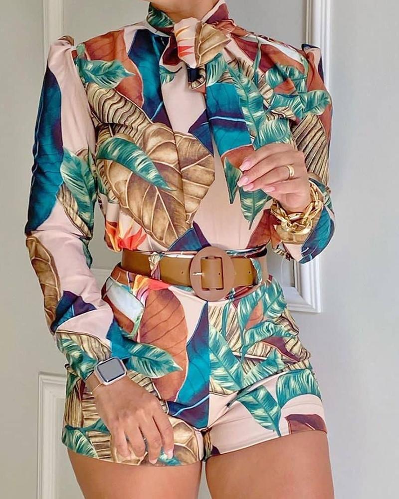 

Tropical Print Puff Sleeve Top & Shorts Set, Multicolor