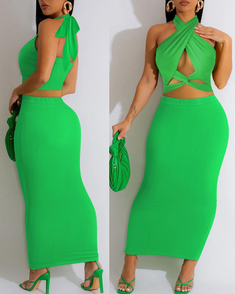 

Cross Halter Twisted Cutout Maxi Dress, Green