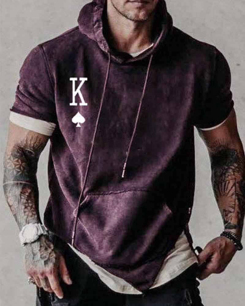 

Poker Logo Print Short Sleeve Hooded Sweatshirts, Wine red