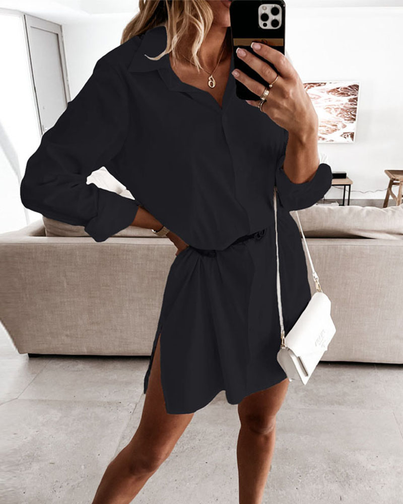 

Long Sleeve Button Down Shirt Dress, Black