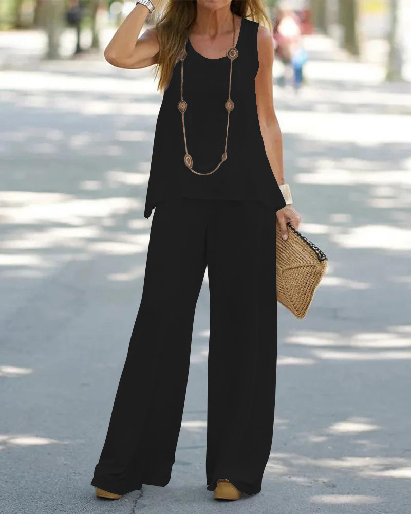 

Plain Casual Tank Top & Wide Leg Pants Set, Black