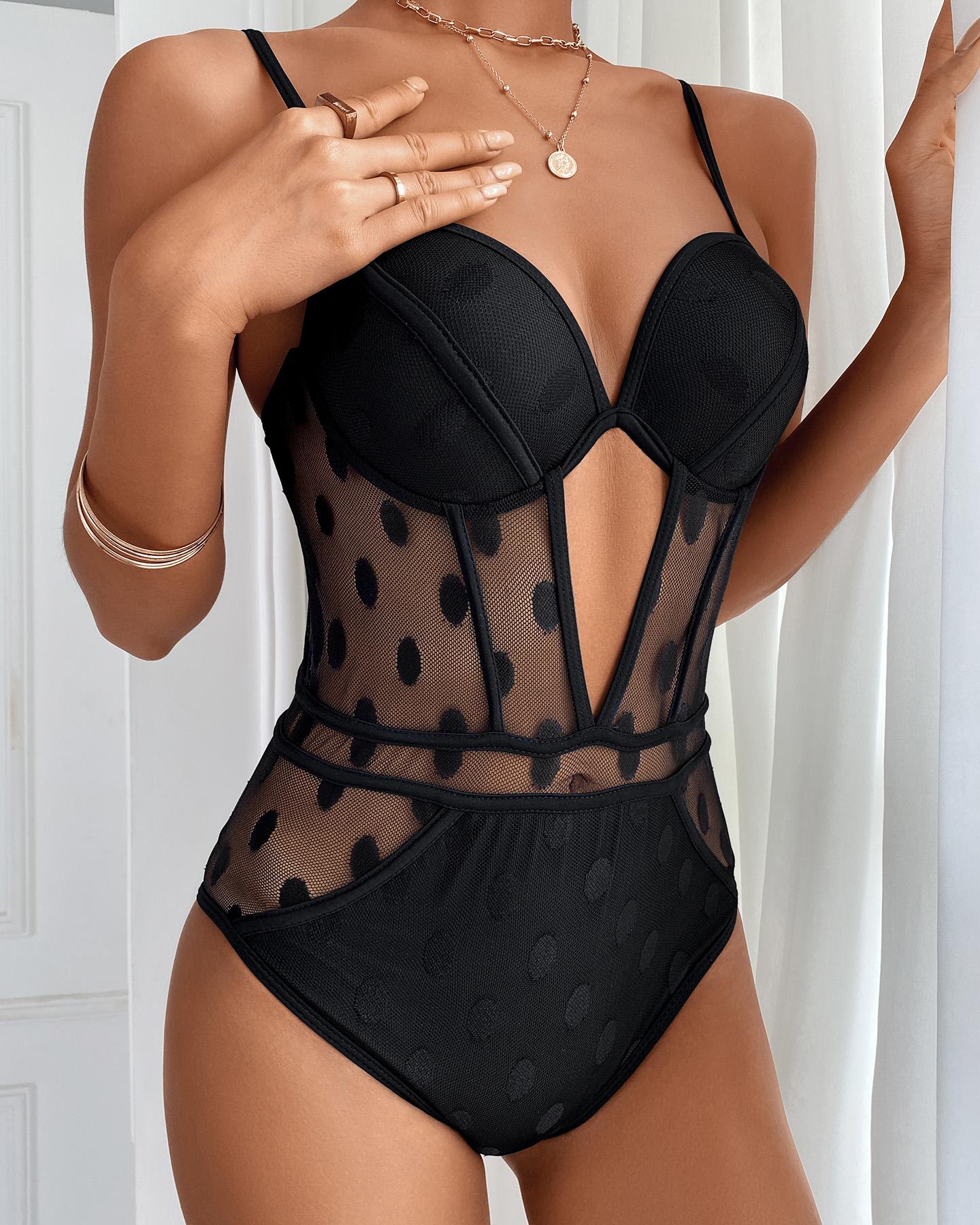 

Dot Mesh Cutout Front Backless One Piece Swimsuit, Black