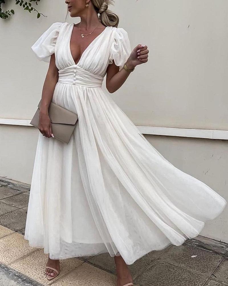 

Puff Sleeve Deep V-Neck Sheer Mesh Overlay Maxi Dress, White