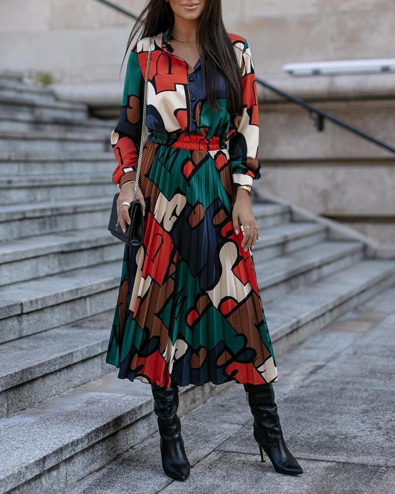 

Letter Print Colorblock Button Design Top & Pleated Skirt Set, Multicolor