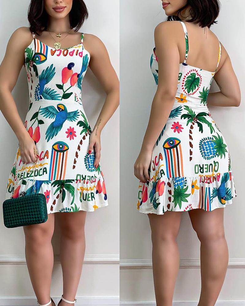 

Tropical Print Ruffle Hem Sleeveless Dress, White