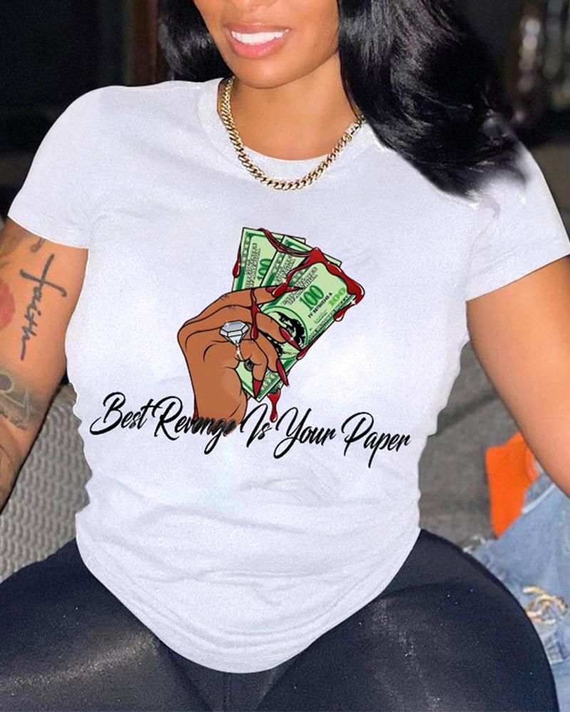 

Cartoon Dollar Print Short Sleeve T-shirt, White