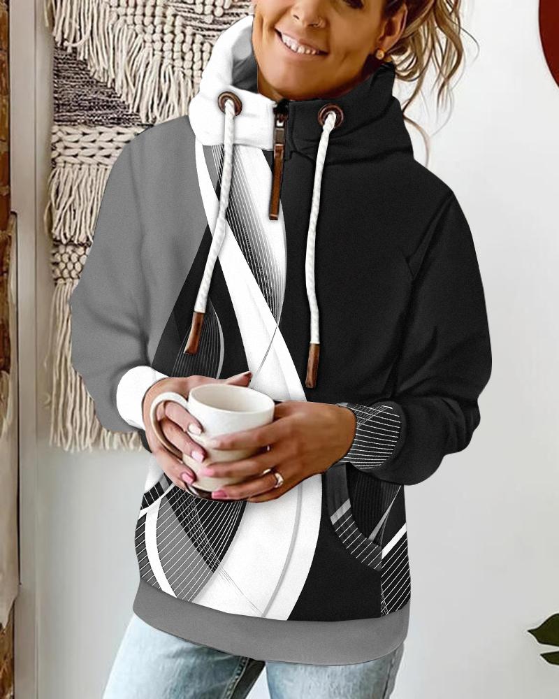 

Abstract Print Colorblock Pocket Design Hooded Sweatshirt, Black