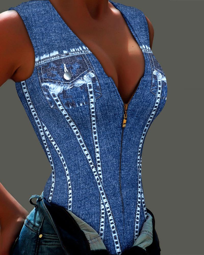 

Denim Look Print Zipper Design Bodysuit, Blue