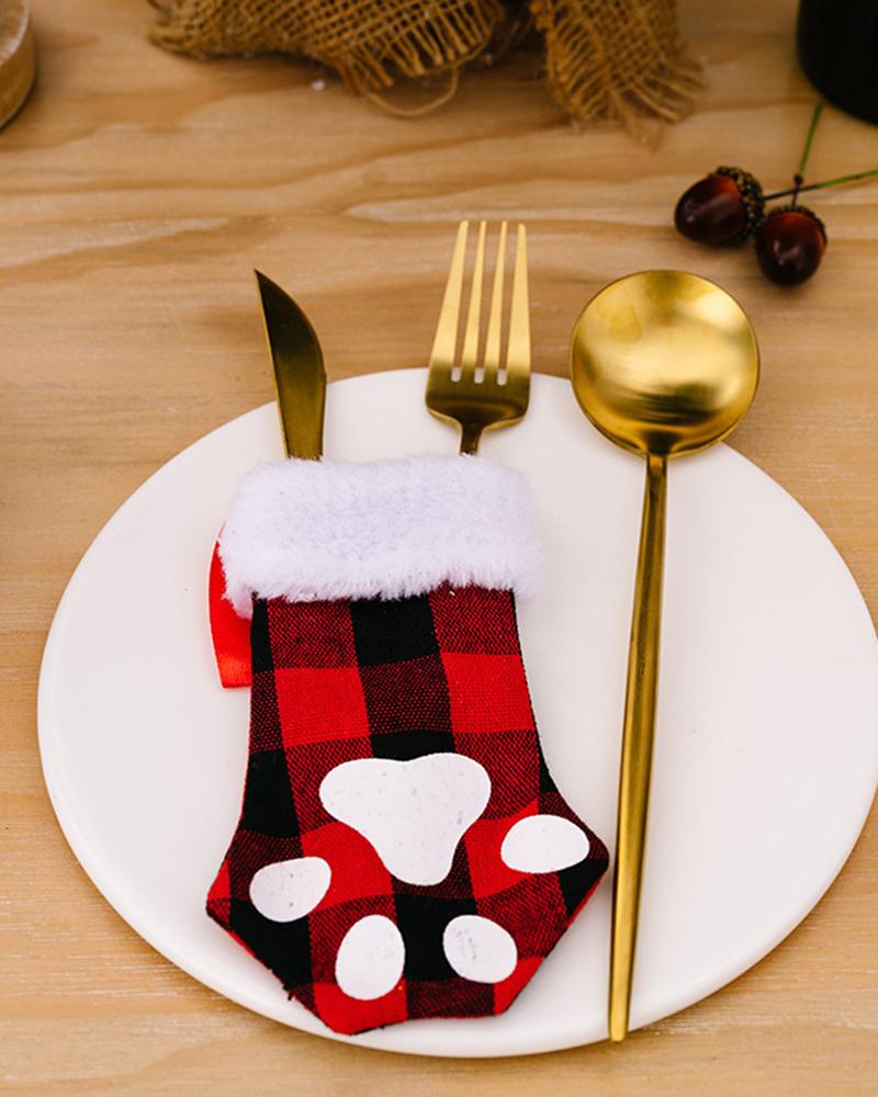 

1pc Christmas Plaid Print Cat Claw Socks Bag Dining Home Decor, Red