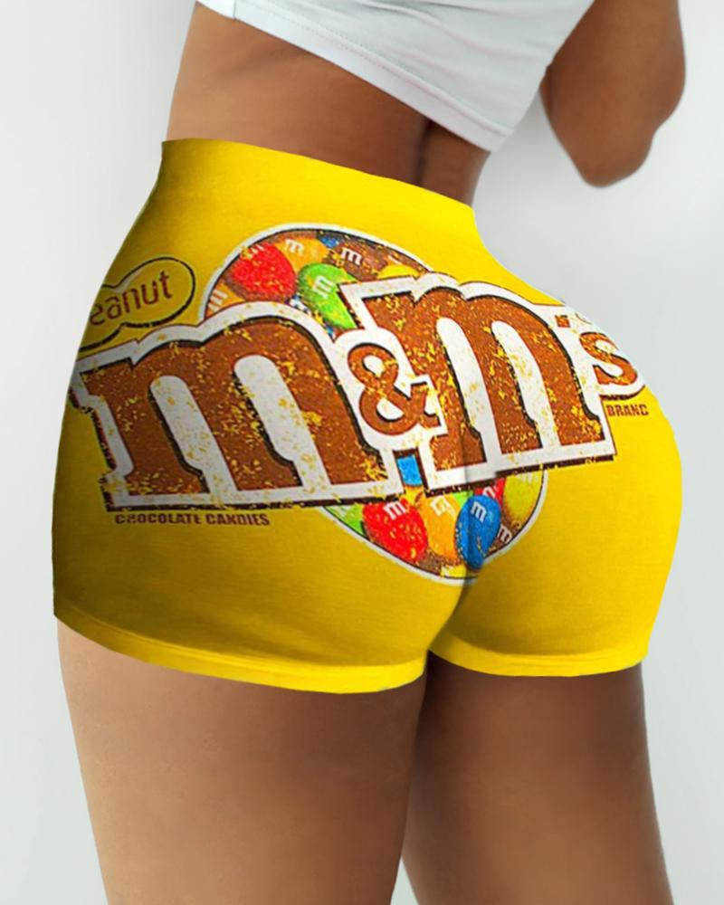 

Letter Cartoon Print High Waist Casual Shorts, Yellow