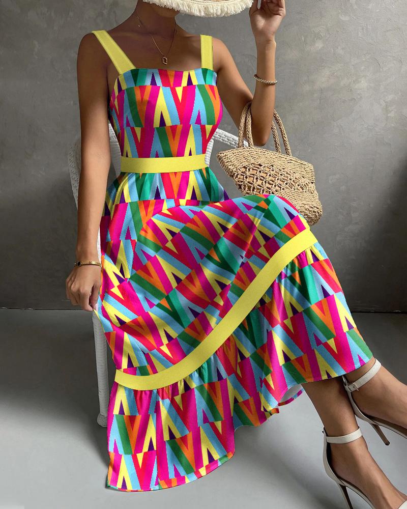 

Rainbow Stripe Geometric Print Sleeveless Maxi Dress, Multicolor