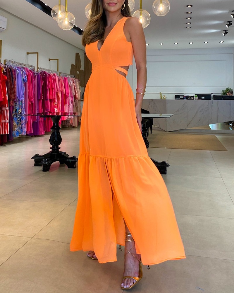 

Sleeveless Deep V-Neck Cutout Maxi Dress, Orange