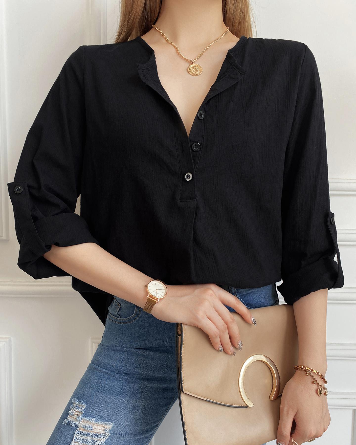 

Button Design Long Sleeve Casual Top, Black
