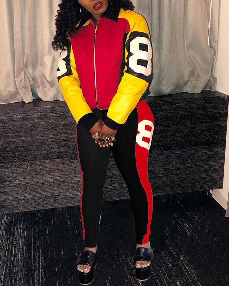 

Colorblock Number Print Zip Up Top & Pants Set, Red