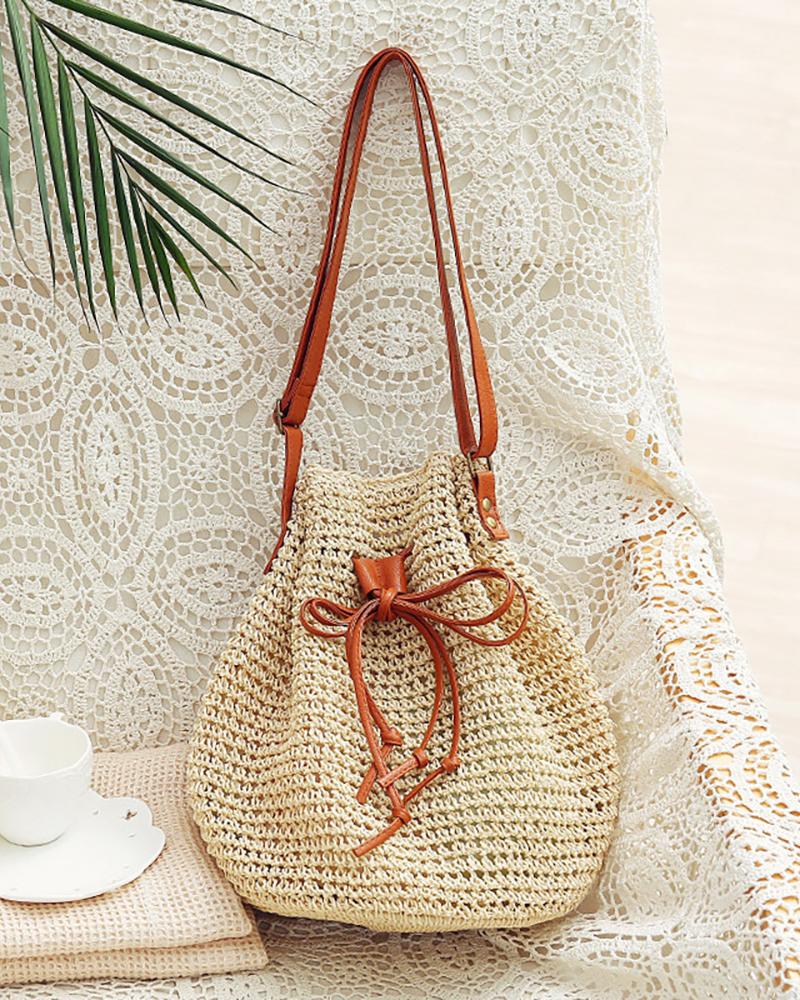 

Braided Drawstring Casual Bucket Beach Bag, Nude