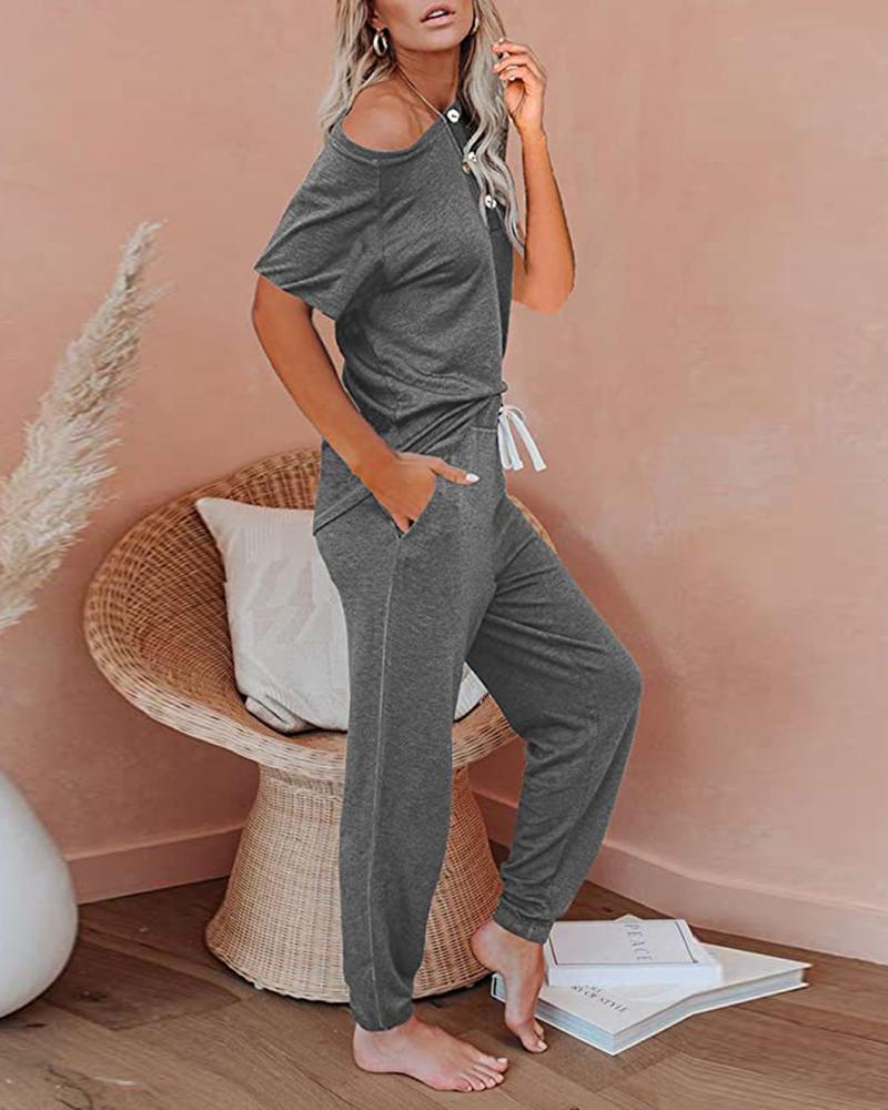 

Plain Round Neck Short Sleeve Top & Pants Set, Gray