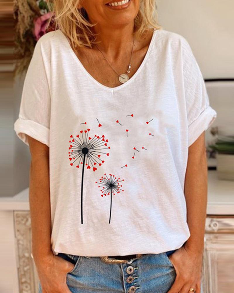 

Print V Neck Roll Sleeve T-shirt, White