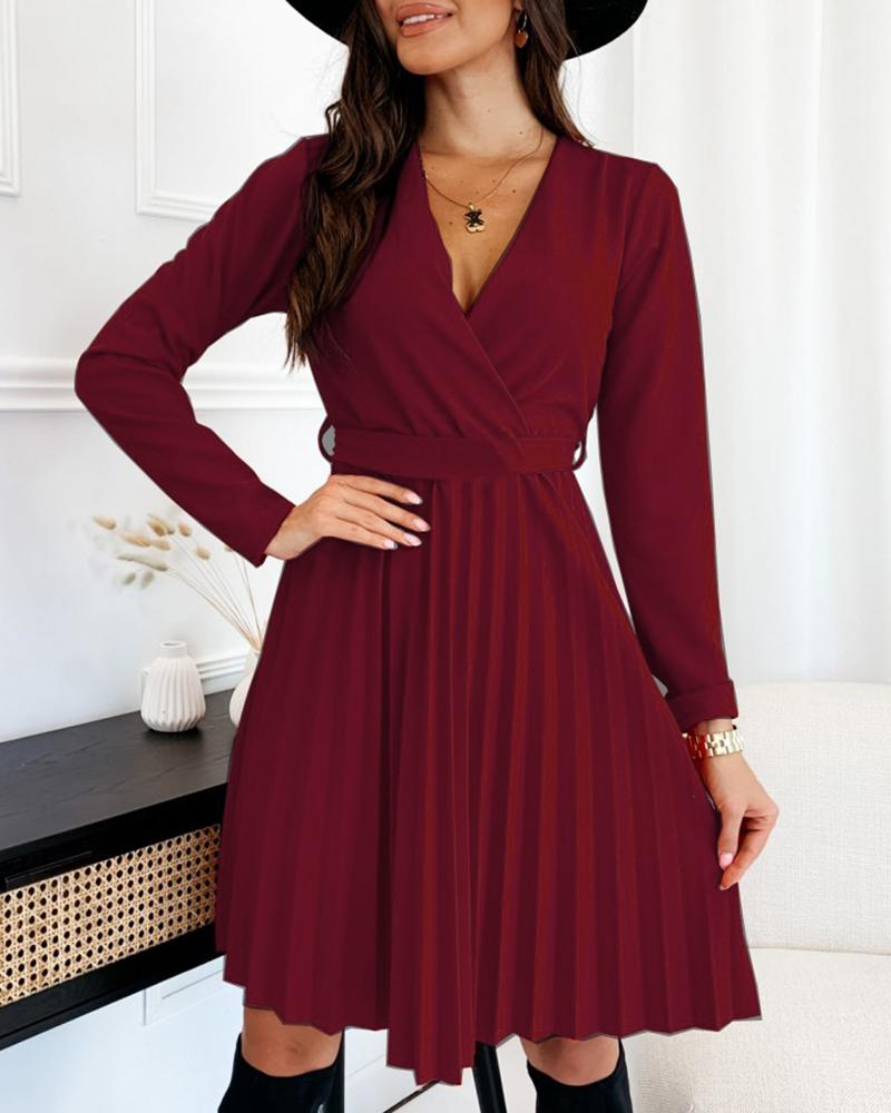 

V Neck Long Sleeve Pleated Work Dress With Belt, Wine red