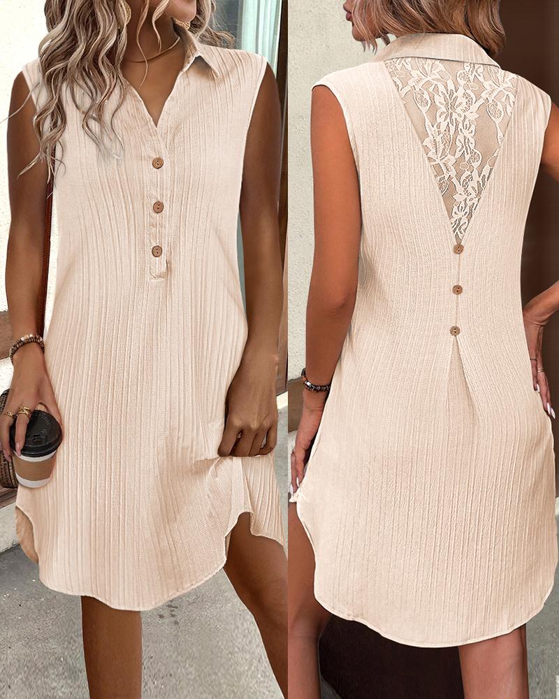 

Vestido camisa casual com textura de renda contrastante com botões, Apricot