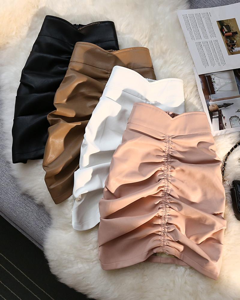 

Ruched PU Leather Zipper Design Skirt, Pink