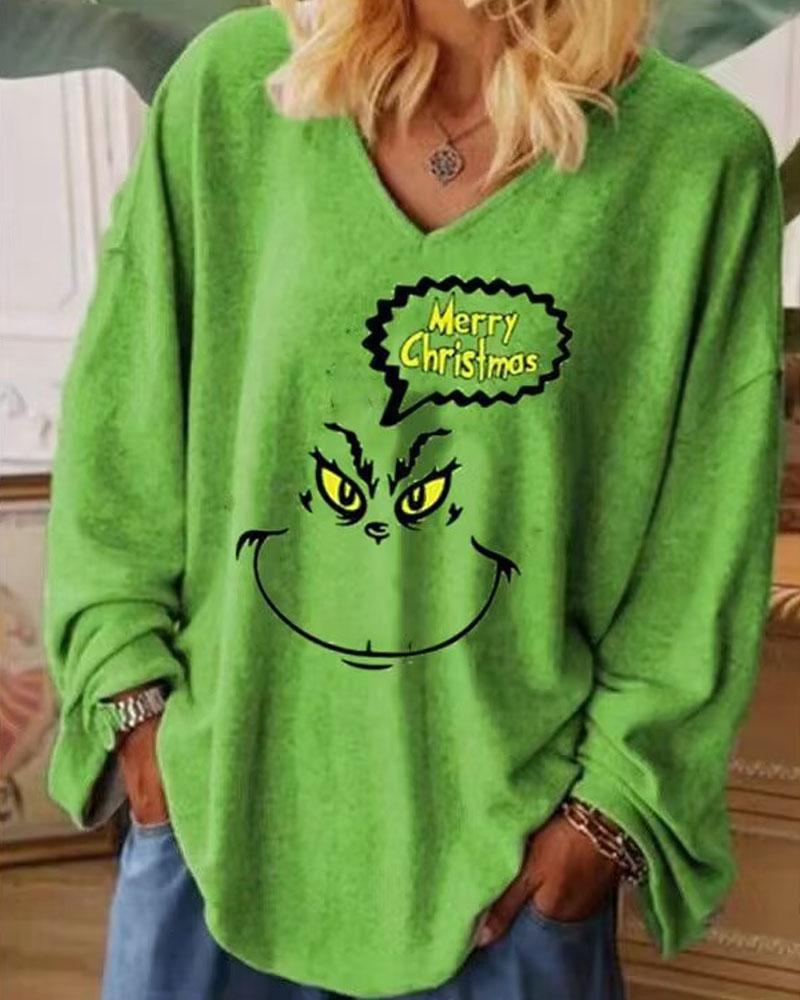 

Plus Size Grinch Stole Christmas Print Long Sleeve Top, Green