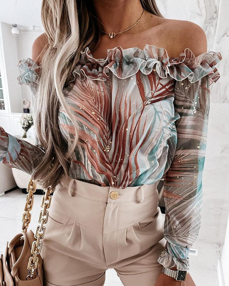 

Leaf Print Frill Hem Off Shoulder Top, Multicolor